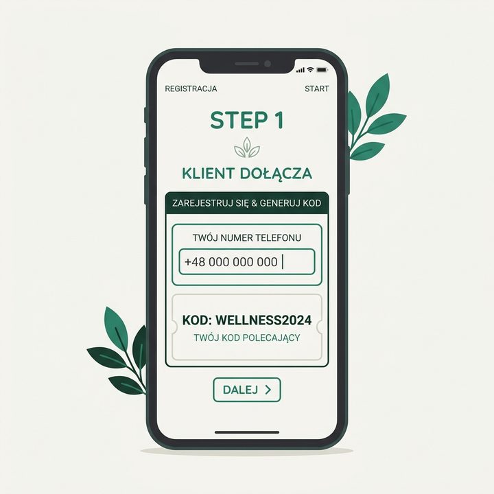 Ilustracja kroku 1: Ekran smartfona z polem numeru telefonu i wygenerowanym dedykowanym kodem polecającym